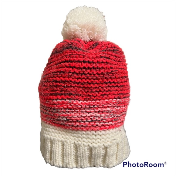 Thinsulate fleece lined winter hat with red/pink striped‎ with white pompom - Picture 1 of 6